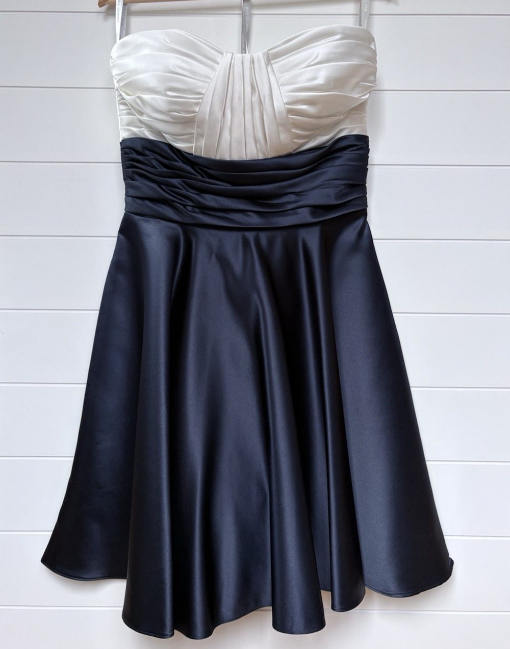 Bill Levkoff Navy Ivory Satin Dress Size‎ 10 Strapless Pleated Cocktail Formal